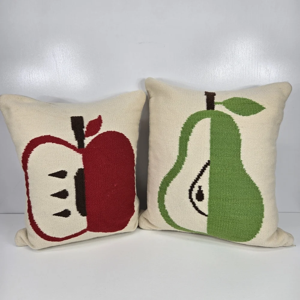 VTG Rare Jonathan Adler Intarsia Pear And Apple Throw Pillows Double Sided Fruit